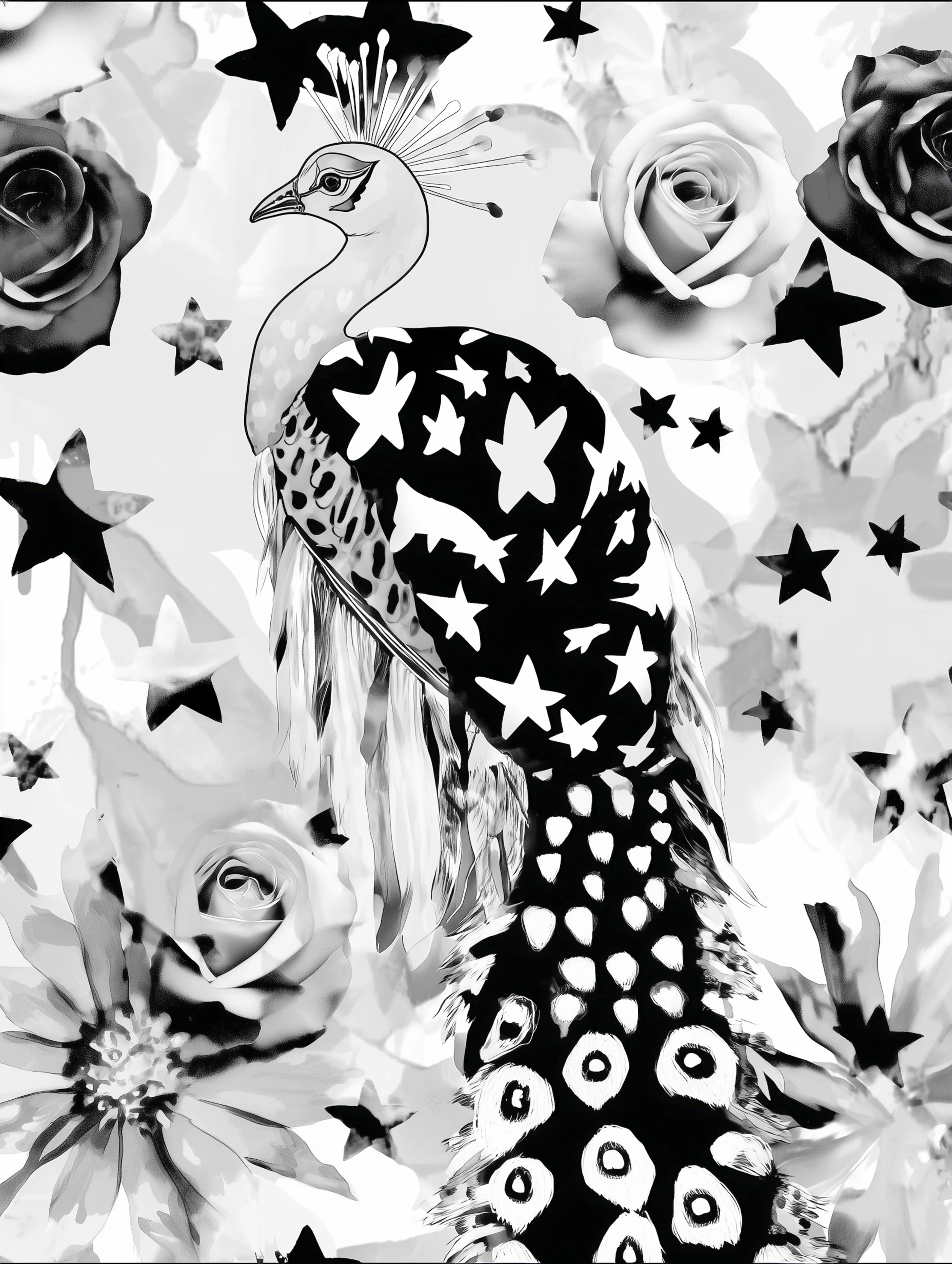 Free printable coloring page of peacock for adults featuring long black tail peacock